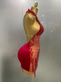 Sexy Red Sparkly Rhinestones Halter Backless Velour Short Dress Women Evening Prom Celebrate Birthday Party Stage Wear