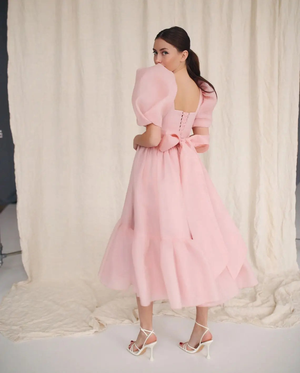 Pink Prom Dresses Organza Tea Length Puffy Short Sleeves Sqaure Neck A Line Simple Evening Engagement Party Gowns Occasion