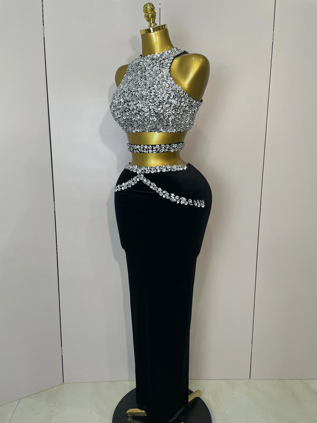 Women Sparkly Rhinestone Two-piece Set Sexy Velvet Singer Nightclub Outfit Celebrate Birthday Elegant Party Dresses black