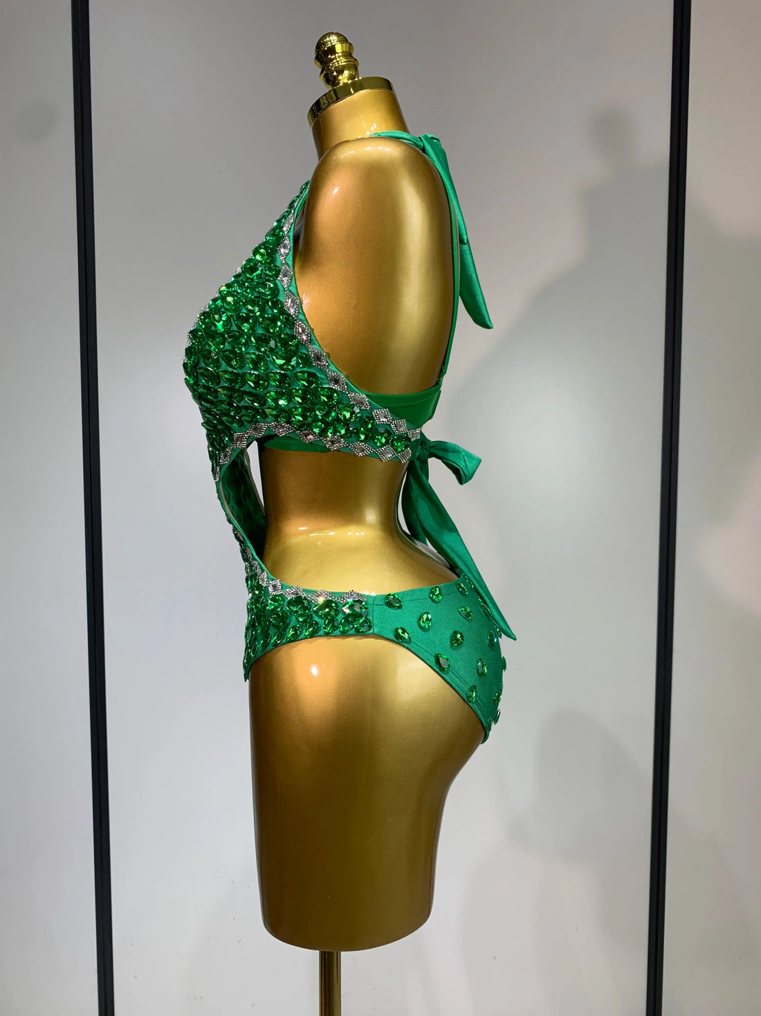 Women Luxury Rhinestone Bra Bodysuits Two Piece Set Female Singer DJ DS Dance Stage Performance Photo Shoot Club Party Outfit green