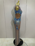 Luxury Sparkly Rhinestones Nude Sexy Mesh Maxi Dress Women Evening Birthday Party Elegant Gown Show Red carpet Stage Costume