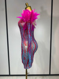 Women Sexy Mesh See Through Diamond Feather Dress Elegant Evening Party Luxury Birthday Nightclub Performance Stage Costume