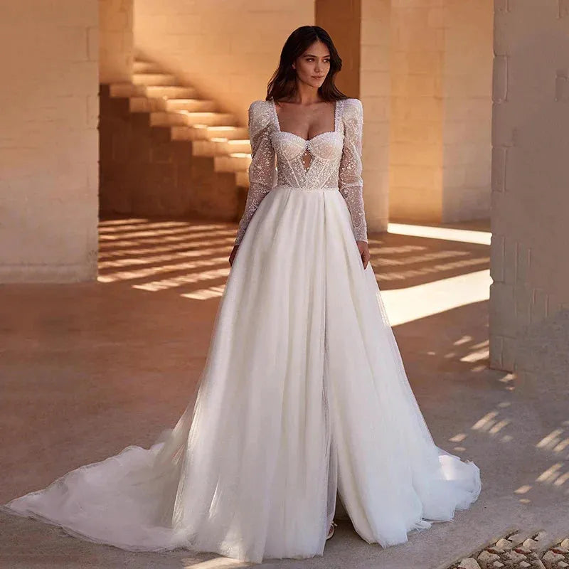 Simple Wedding Dresses For Women Sweetheart Backless Sexy Bridal Gowns Tulle Long Sleeve Robe A-Line Vestidos De Novia As picture