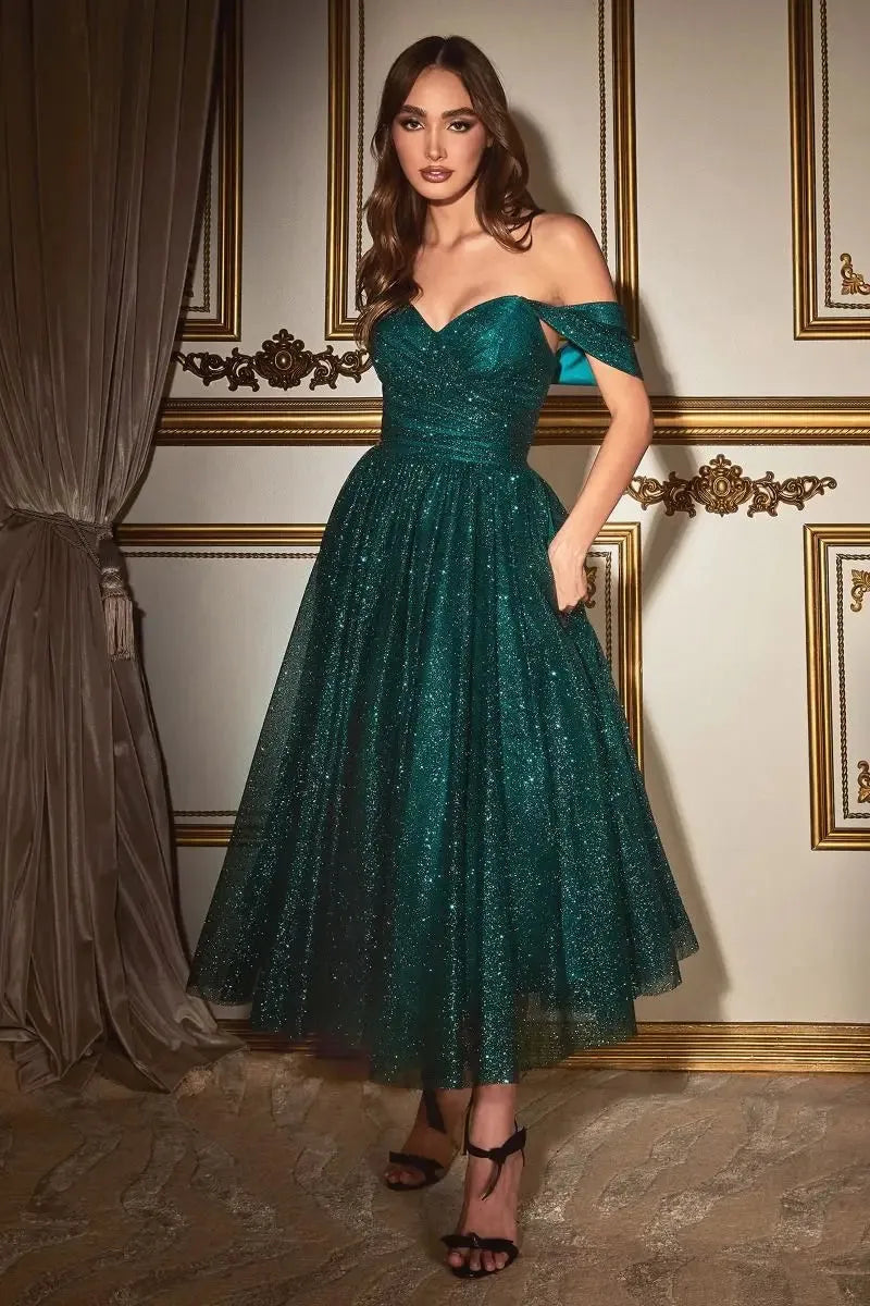 Sparkly Tulle Prom Dresses Glitters Bling Pleats Tea Length Off Shoulder Sweetheart A Line Formal Party Elegant Evening Gown Green
