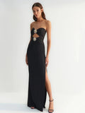 Black & Pink Sexy Strapless Hollow Out Diamond High Slit Shinning Rhinestones Bandage Long Dress Bodycon Celebrity Dress