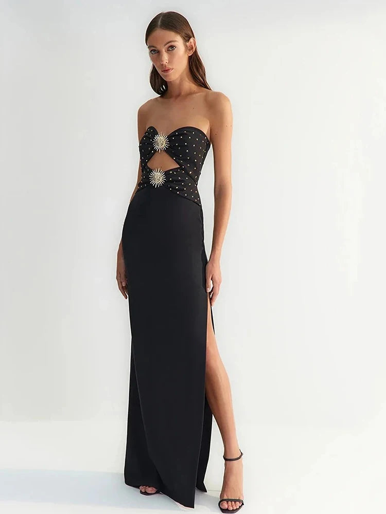 Black & Pink Sexy Strapless Hollow Out Diamond High Slit Shinning Rhinestones Bandage Long Dress Bodycon Celebrity Dress