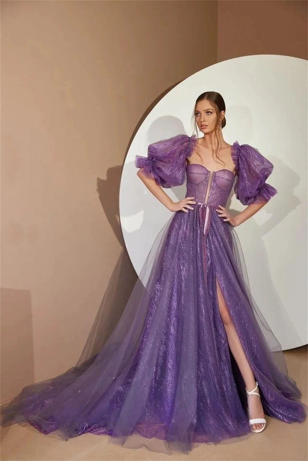 Elegant Puffy Sleeve Prom Dress Green فساتين السهرة Side Split Vestidos De Noche Gliiter Off Shoulder Maxi Party Dresses PURPLE
