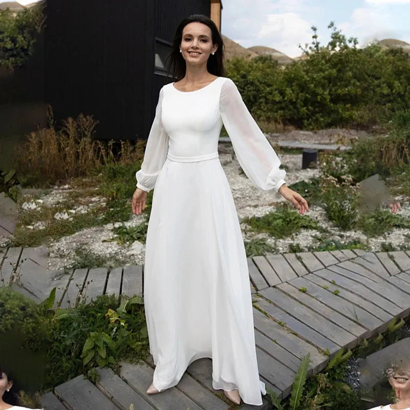 Simple A Line Chiffon Wedding Dress Scoop Neck Long Sleeves Bohemian Bridal Dress Elegant Robe De Mariree Custom Made White 26w