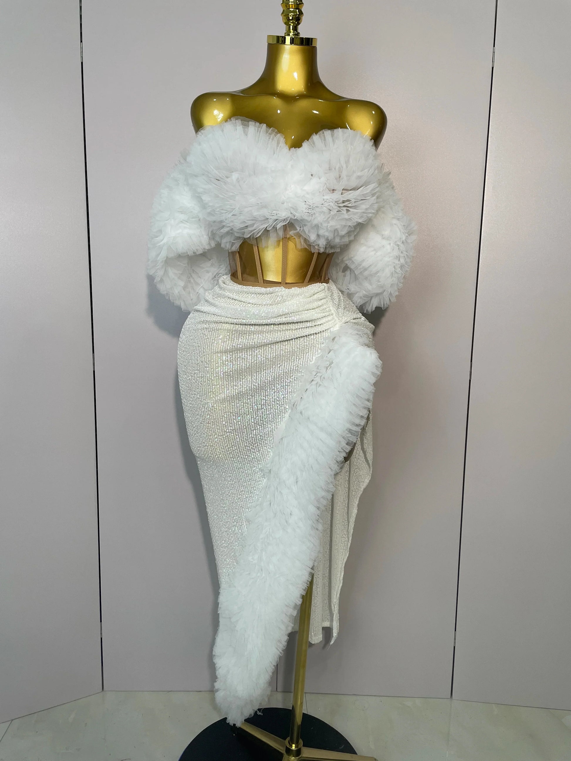 Women White Sequins Top Short Skirt Two Pieces Set Sexy Celebrate Evening Prom Birthday Dress Nightclub Stage Outfit WHITE