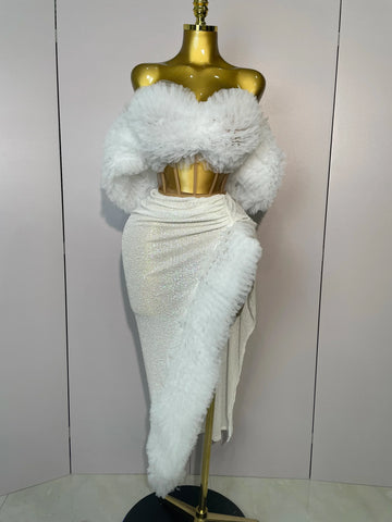 Women White Sequins Top Short Skirt Two Pieces Set Sexy Celebrate Evening Prom Birthday Dress Nightclub Stage Outfit WHITE