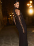 Glamorous Black Halter Dress with Lace Details Gloves for Fashion Events Party Evening Gown