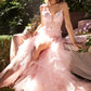 Vestido de fiesta de tul bordado de encaje rosa bebé, vestidos de sirena con tirantes finos par boda, vestido de novia elegante sin mangas