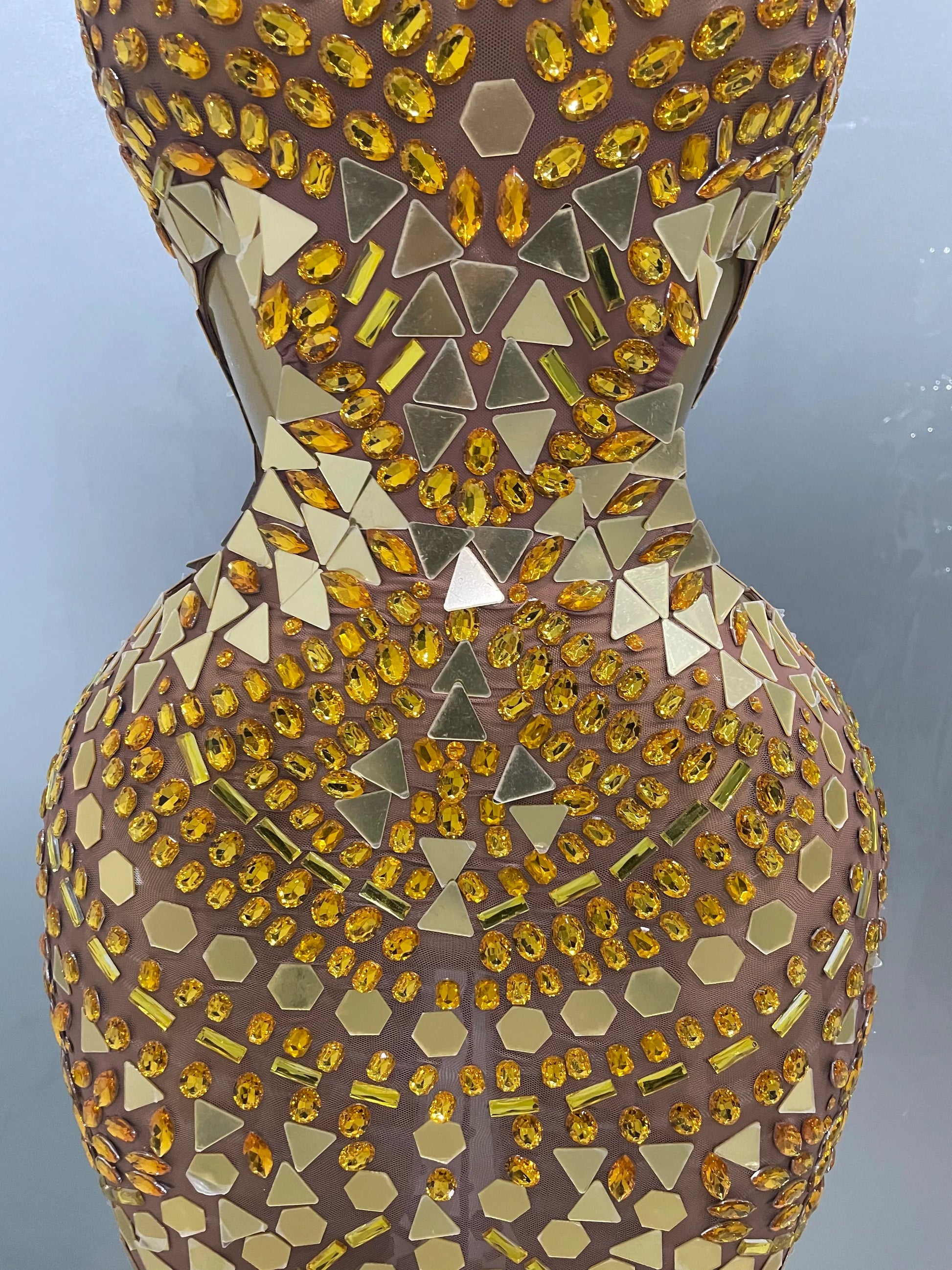 Luxury Shiny Mirror Rhinestones Hollowed-out Long Dress Women Celebrity Evening Party Catwalk Prom Stage Photo Shoot Dresses