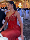 Enchanting Sparkling Red Mermaid Sequins Strappy Sleeveless Dress Party Evening Gown