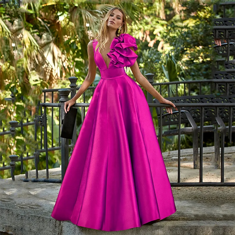 Vestidos de noche fucsia, volantes largos de satén, línea A, largo hasta el suelo, sin mangas, cuello en V, fiesta Formal, vestidos de graduación, vestido de mujer de graduación