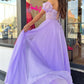 Purple Chiffon Prom Dresses Strapless A-line vestidos de noche Elegant Floor-Length Lace Appliques Formal Evening