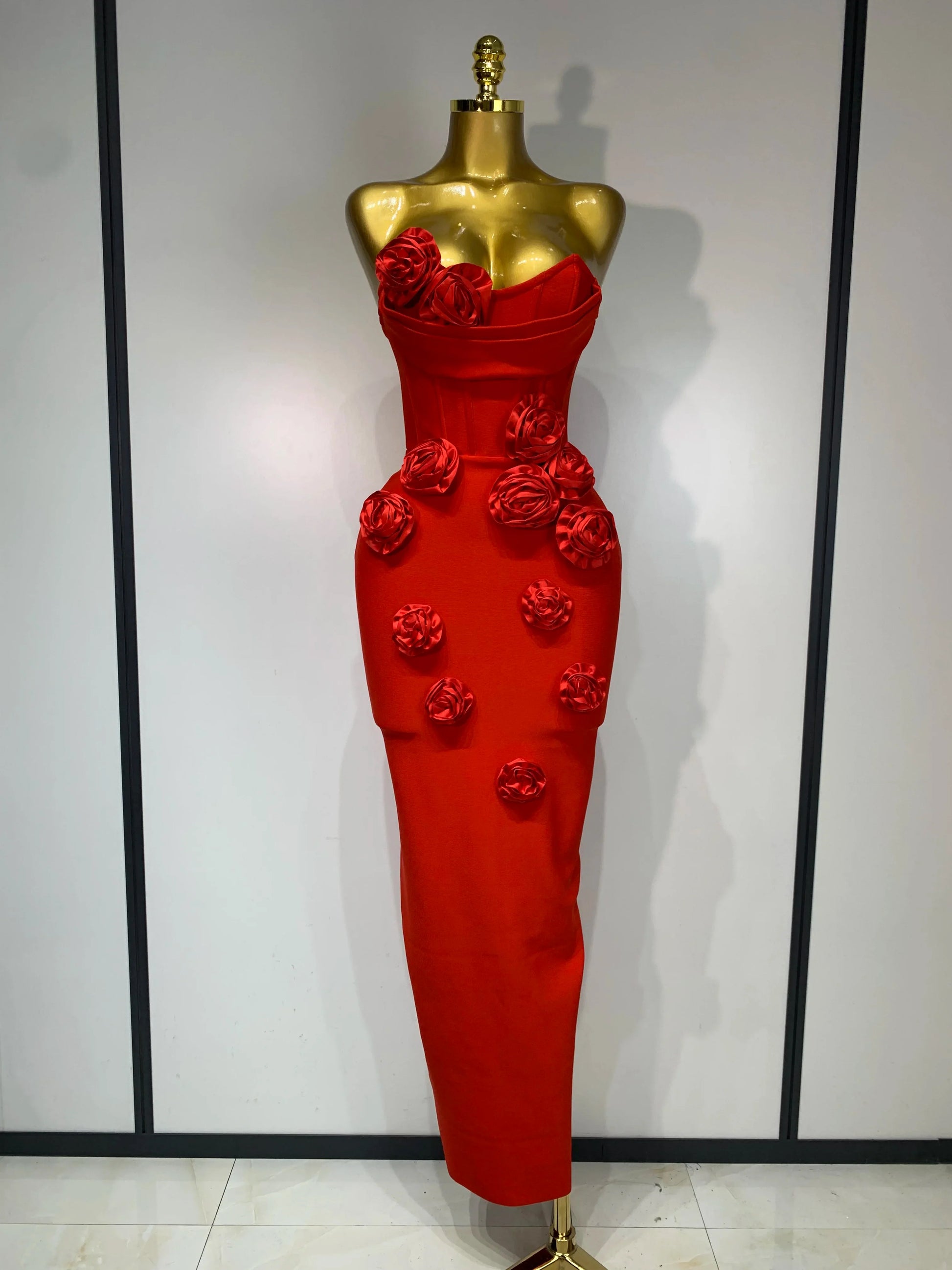 Women Celebrity Sexy Strapless Backless Flower Maxi Long Bodycon Bandage Dress Elegant Birthday Evening Club Party Dresses Red