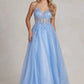 Vestidos de Noche azul cielo, Apliques de encaje con cuentas, brillos, tul brillante, cuello en V, fiesta Formal larga, vestidos de graduación para ocasiones especiales