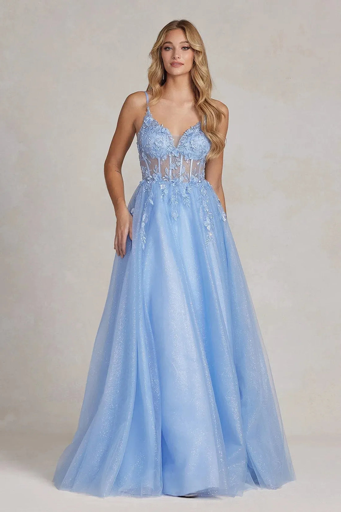 Sky Blue Evening Dresses Beaded Lace Applique Glitters Tulle Sparkly V-neck Long Formal Party Special Occasion Prom Gowns