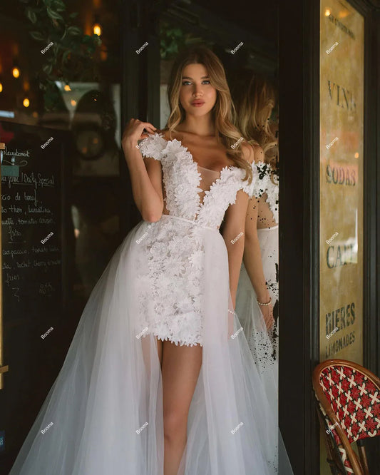 Elegant Short Wedding Dresses Off Shoulder Flowers Party Dress for Brides Detachable Train Birdals Evening Gowns