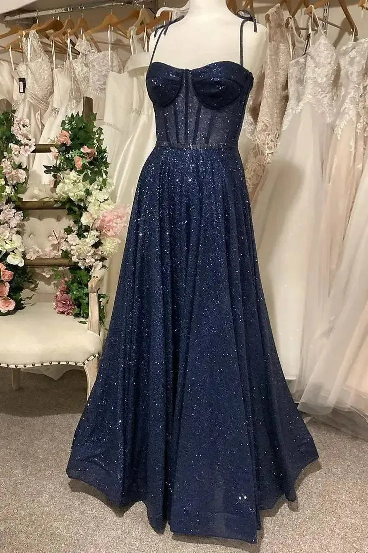 Sequined Prom Dresses Glitters Bling Sparkly Spaghetti Strap Sweetheart A Line Floor Length Formal Party Evening Gowns Elegant navy blue