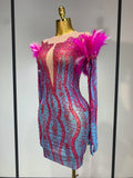Women Sexy Mesh See Through Diamond Feather Dress Elegant Evening Party Luxury Birthday Nightclub Performance Stage Costume