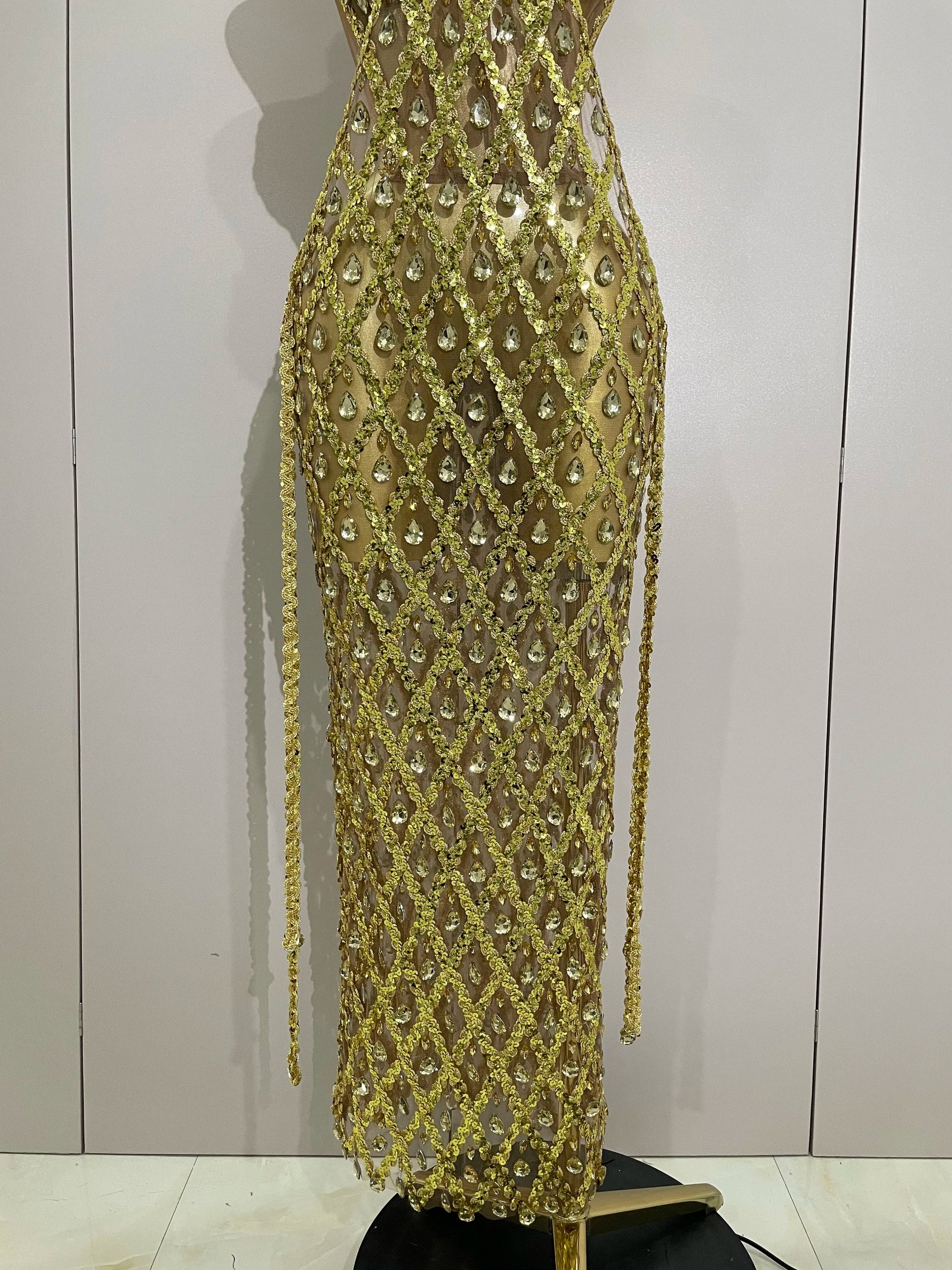 Sexy Sparkly Gold Rhinestones Sleeveless Mesh Two Piece Long Dress Women Birthday Party Celebrate Prom Stage Costume