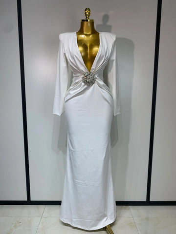 Women Long Sleeve Deep V-Neck Bodycon Long Dress Elegant Evening Party Club Celebrate Cocktail Outfit Luxuru Birthday Dress WHITE