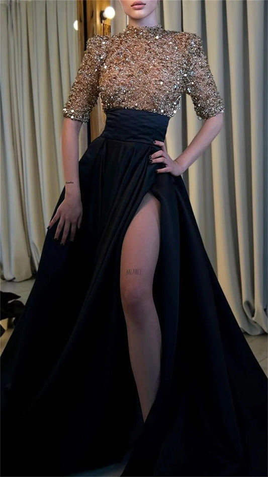 High Neck Glitter Sequins Prom Dress Sexy Side High Split فستان حفلات الزفاف Sheath Half Sleeve Wedding Dress