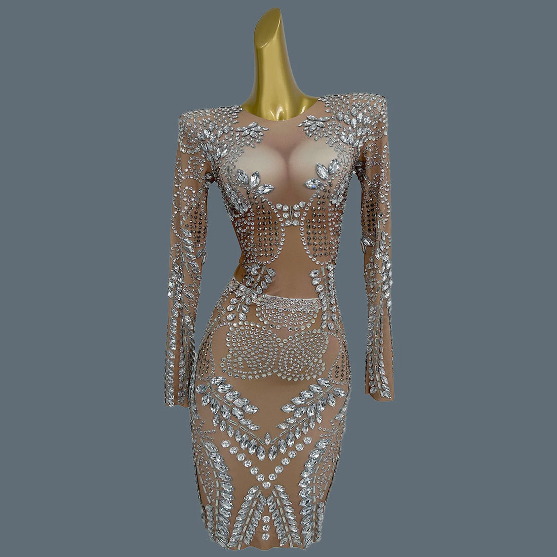 Sparkly Silver Big Rhinestone Sheer Mesh Evening Dress Birthday Celebrate Party Luxurious Costume fof Women Prom Dress Liushu Silver