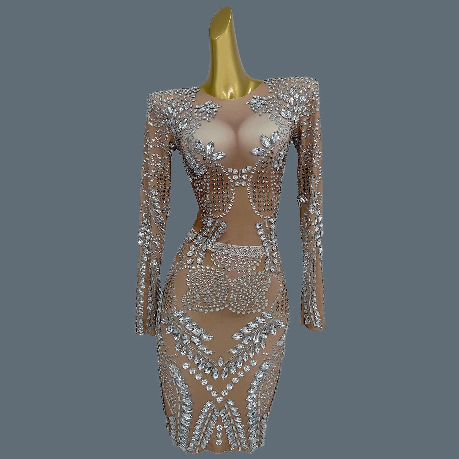 Sparkly Silver Big Rhinestone Sheer Mesh Evening Dress Birthday Celebrate Party Luxurious Costume fof Women Prom Dress Liushu Silver