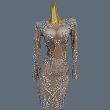 Sparkly Silver Big Rhinestone Sheer Mesh Evening Dress Birthday Celebrate Party Luxurious Costume fof Women Prom Dress Liushu Silver