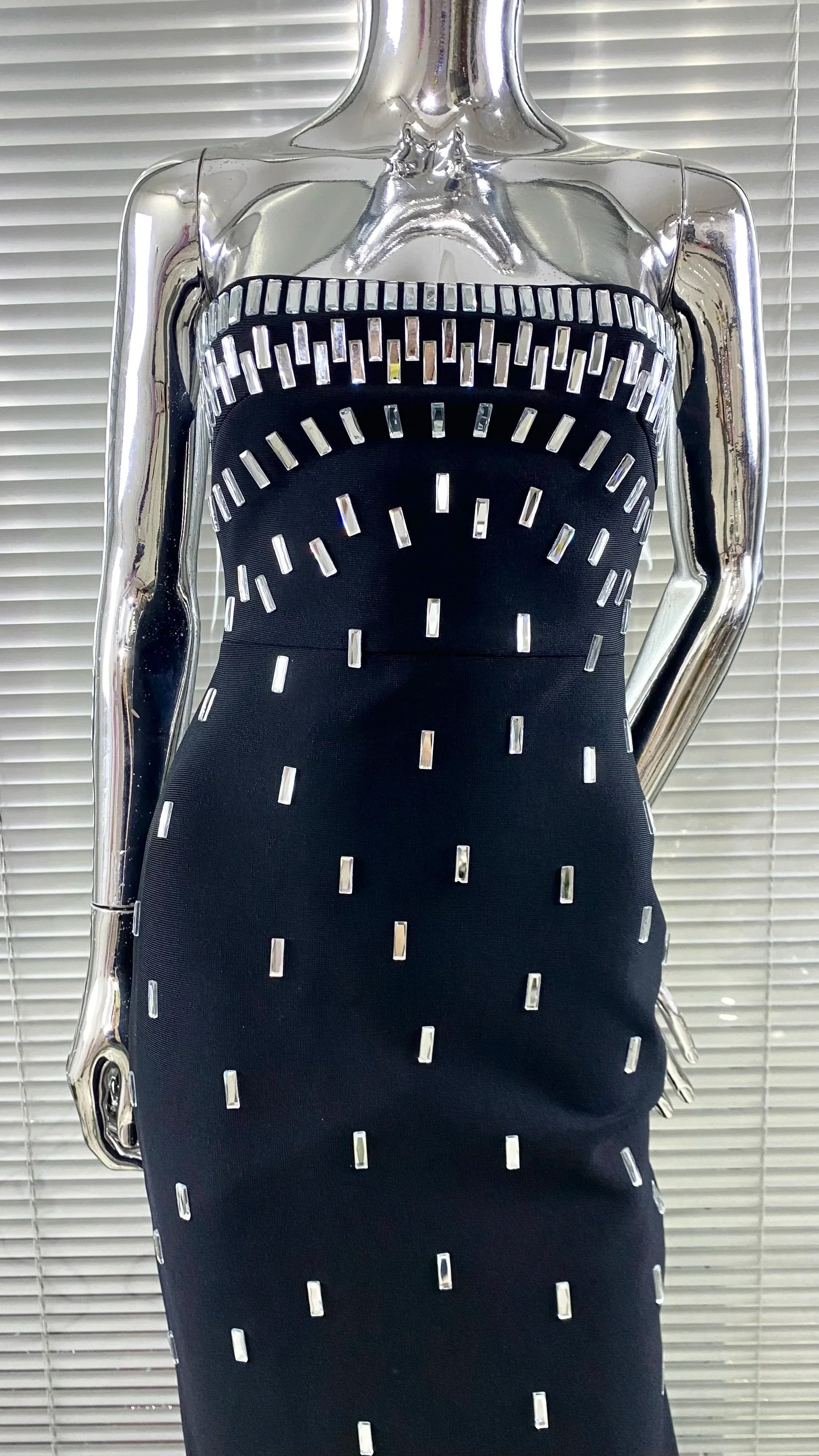 Sparkling Diamonds Fashion Woman Party Dress Strapless Black Bandage Ankle Length Dress Celebrity Birthday Party Outfit