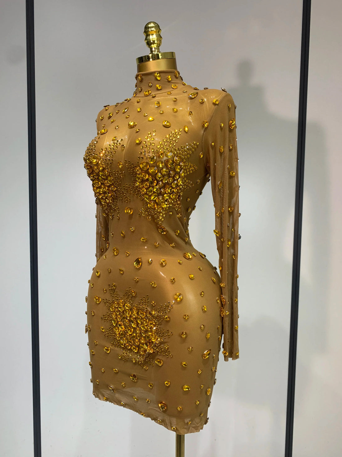 Women Sexy Gold Rhinestones Sparkly See Through Mini Dress Evening Party Fashion Performance Stage Outfit Luxury Birthday Dress Gold