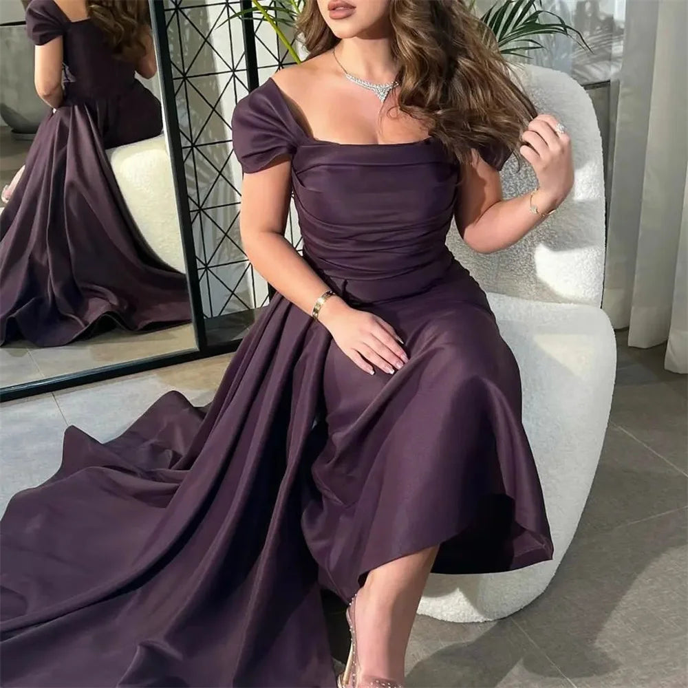 Cathy Elegant فساتين السهرة Vestidos De Noche De seda púrpura oscuro Sexy hasta la rodilla فساتين مناسبة رسمية con tren vestido De graduación 2023