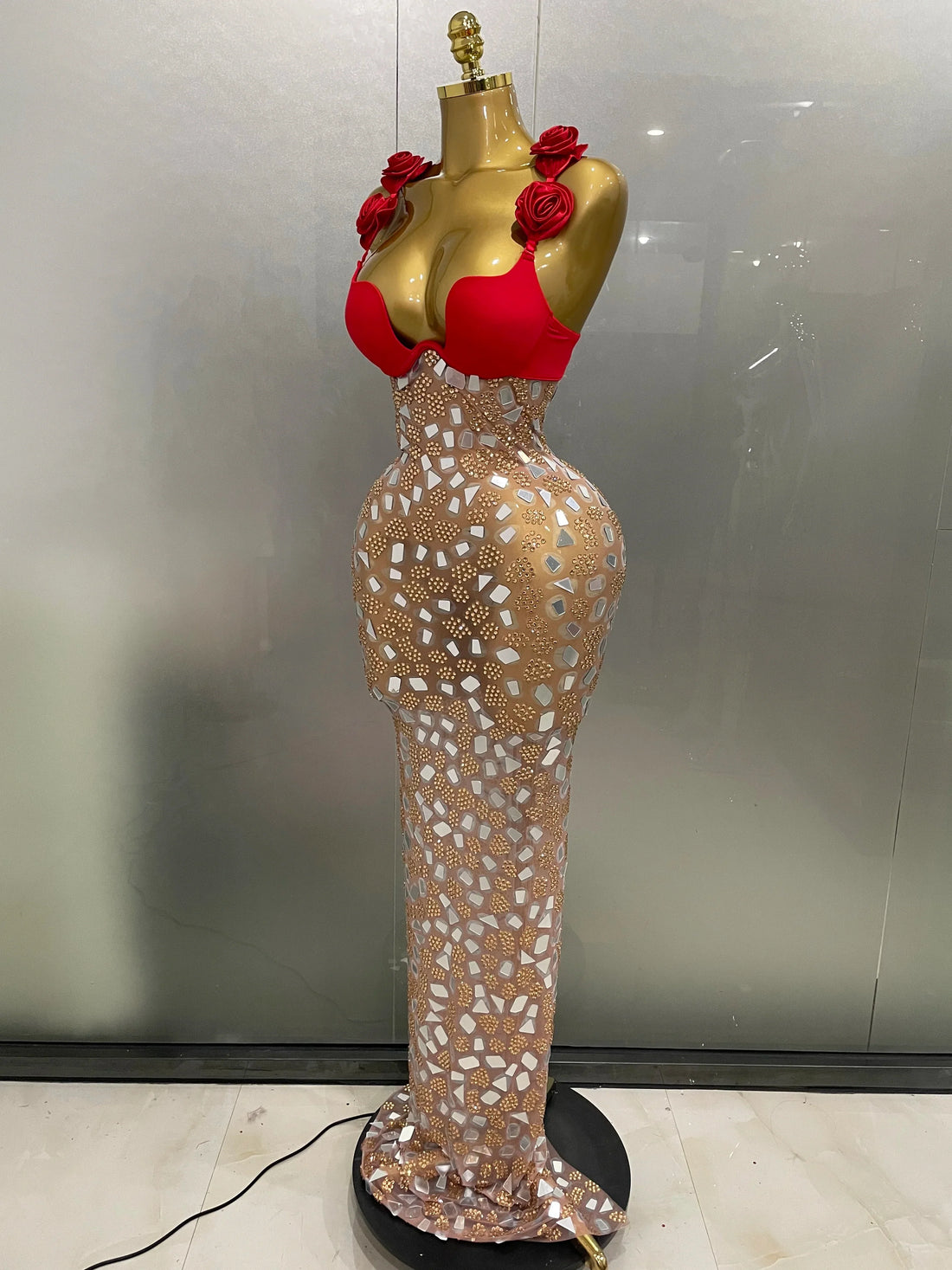 Sexy Sparkly Rhinestones Mesh Mirrors Red Roses Long Dress Women Elegant Evening Party Club Stage performance Costume Red