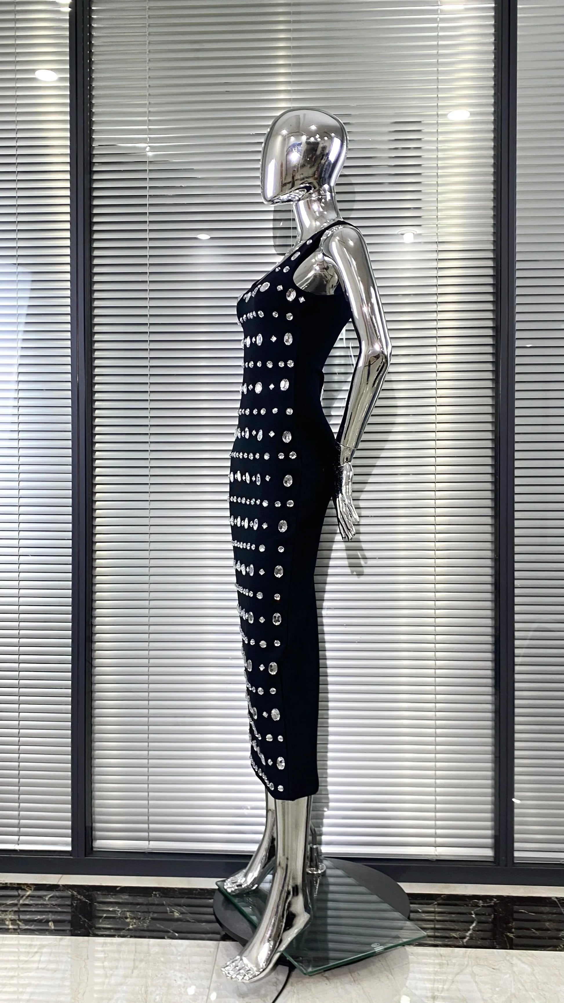 Sparkling Diamonds Sleeveless Package Black Bandage Ankle Length Dress Woman evening Party Dress Celebrity Birthday Party Outfit