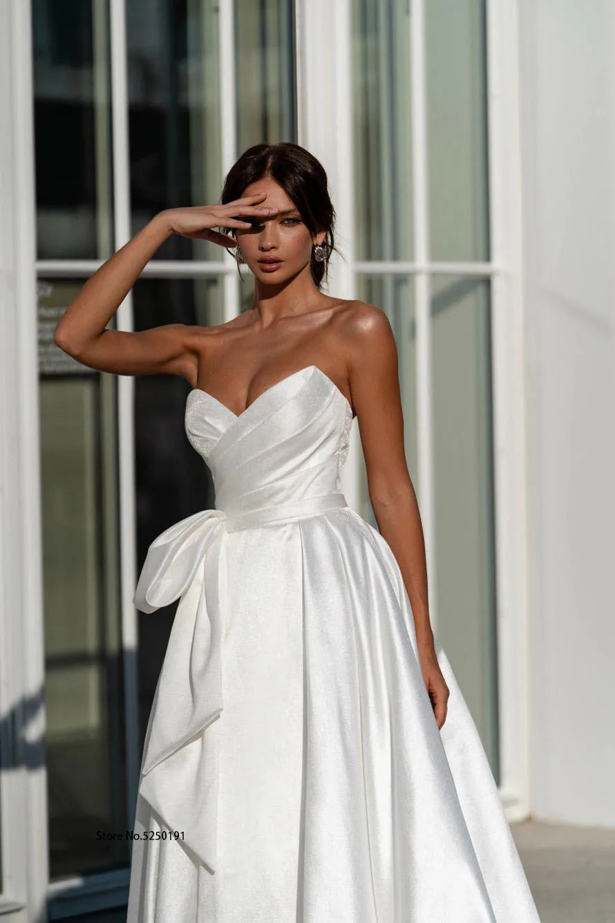 Popular V-neck Pleat A Line Wedding Dresses Big Bow Side Slit Floor Length Vestido de Noiva Bridal Gowns