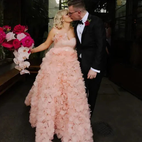 Pink A line Wedding Dresses Sweetheart Flowers Ruffles Tulle Floor Length Sweep Train Bridal Party Gown Vestido De Novia WHITE
