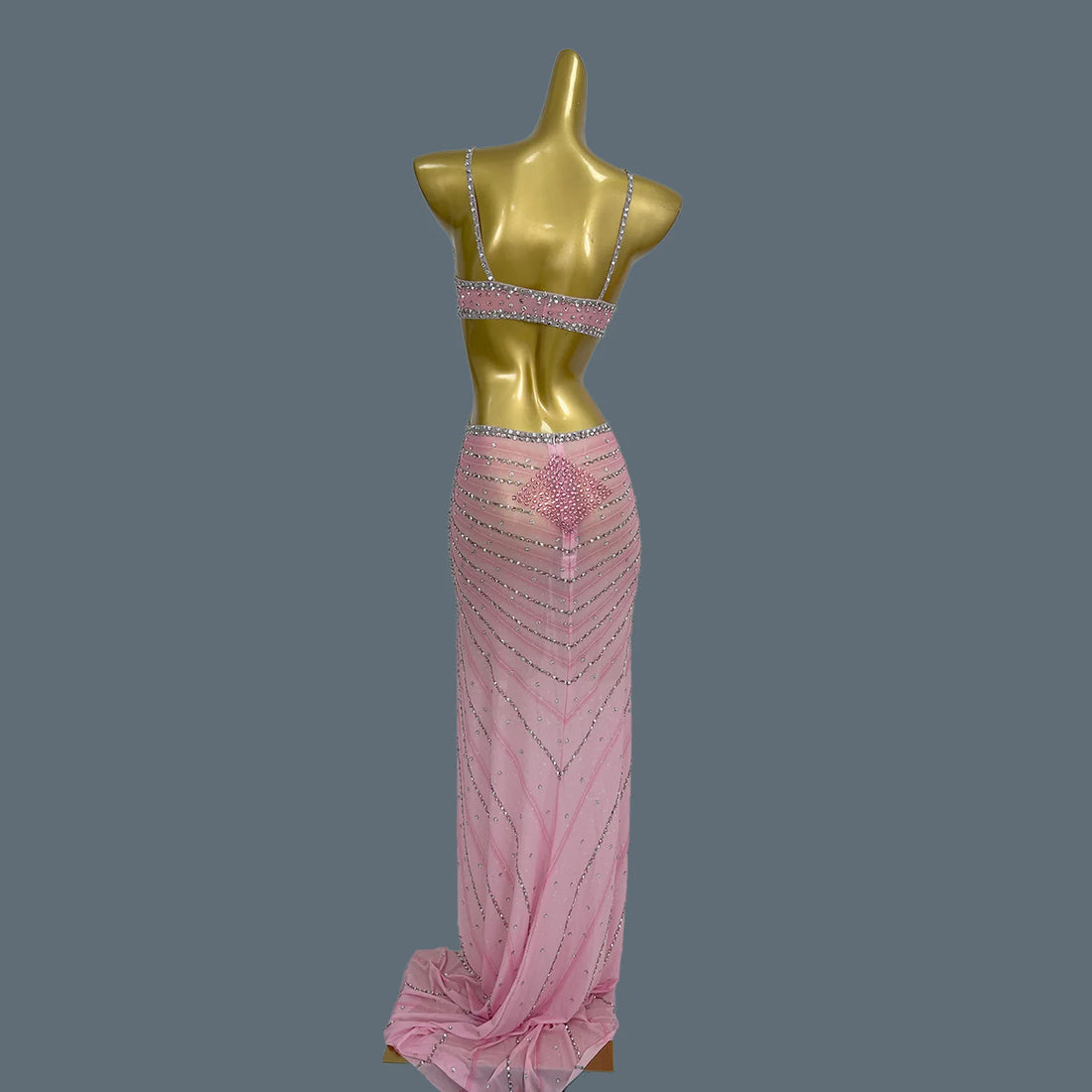 Women Sexy Sheer Mesh Evening Dress Birthday Celebrate Prom Long Dress Luxurious Party Sparkly Rhinestones Backless Dress Xigua Pink One Size