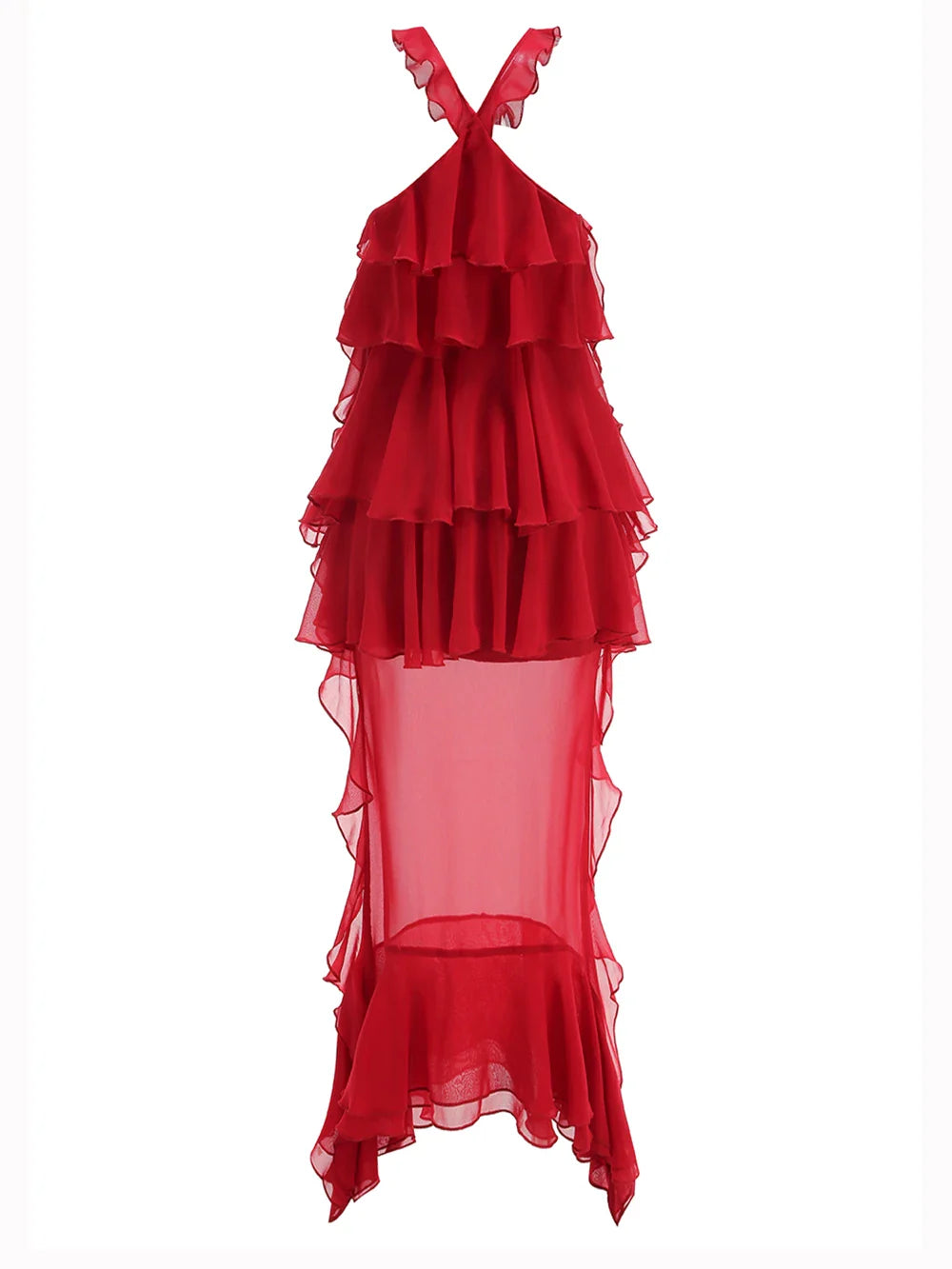 Women Gauze Perspective Irregular Elegant Long Party Dress Ruffles Sleeveless Fashion Tide Summer