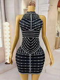 High-end Chic Black Mini Dress for Sexy Women Sparkly Rhinestone Tassel Bodycon Dress Birthday Party Queen Ball Dress lianhua