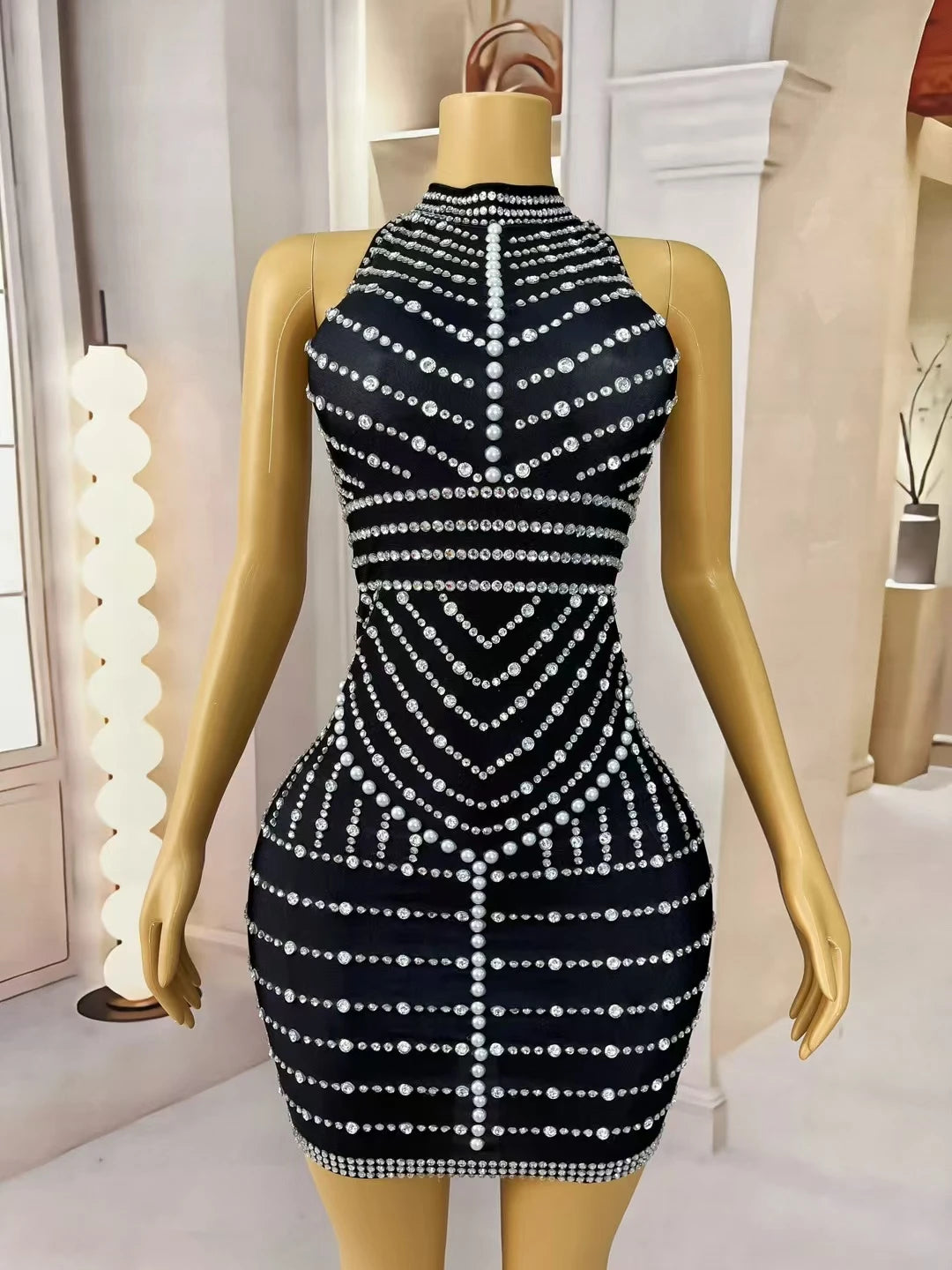 High-end Chic Black Mini Dress for Sexy Women Sparkly Rhinestone Tassel Bodycon Dress Birthday Party Queen Ball Dress lianhua
