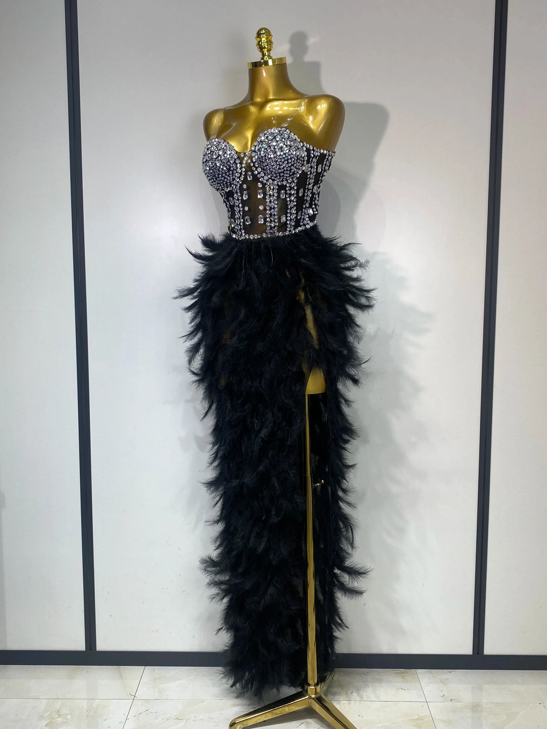 Luxury Birthday Evening Party Long Dress Women Sexy High Slit Backless Gowns Diamonds Feather Patchwork Stage Perform Costume black
