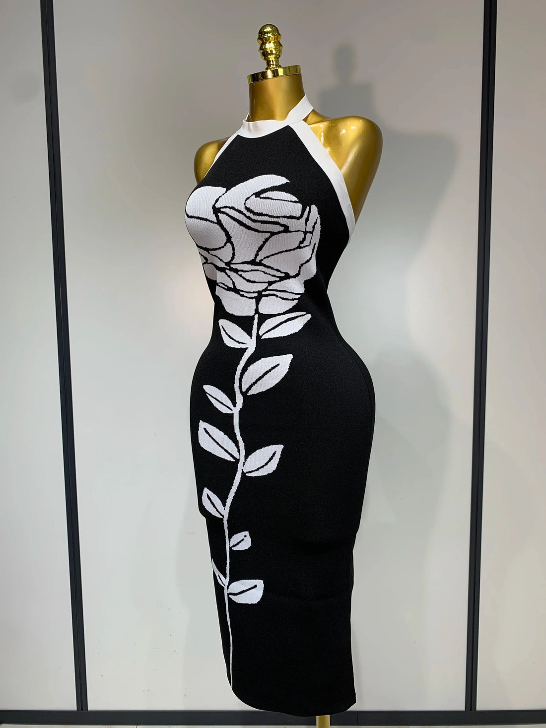 Women Fashion Celebrity Sexy Backless Rose Flower Midi Black Jacquard Bandage Dress Elegant Evening Club Party Dresses black