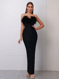 Spring Sexy Women Feather Design Bandage Dress Strapless Sleeveless Bodycon Backless Long Dress Evening Club Party Vestidos black
