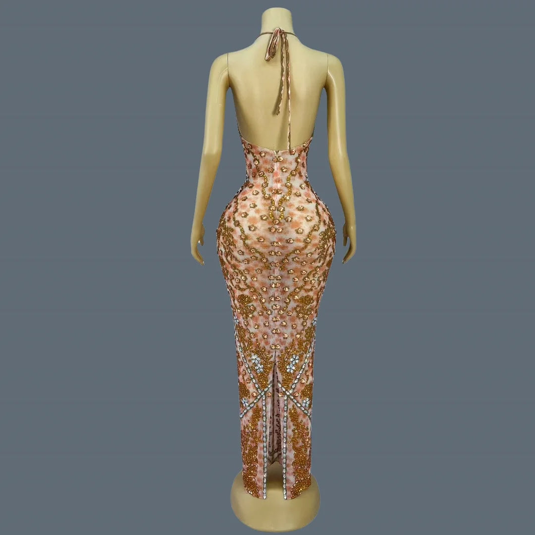 Women's Sexy Backless Strap Deep V Neck Dress Elegant Rhinestone Evening Dress Birthday Celebrate Party Queen Maxi Dress huangye as shown