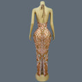 Women's Sexy Backless Strap Deep V Neck Dress Elegant Rhinestone Evening Dress Birthday Celebrate Party Queen Maxi Dress huangye