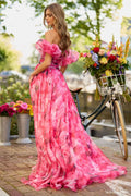 Floral Print Prom Dresses A-line Organza vestidos de fiesta Strapless Side Split Sweep Train Sleeveless Formal Evening