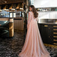 Baby Pink A-line V-neck Prom Dresses Chiffon Long Train vestidos de noche Elegant Long Sleeves Side Split Formal Evening